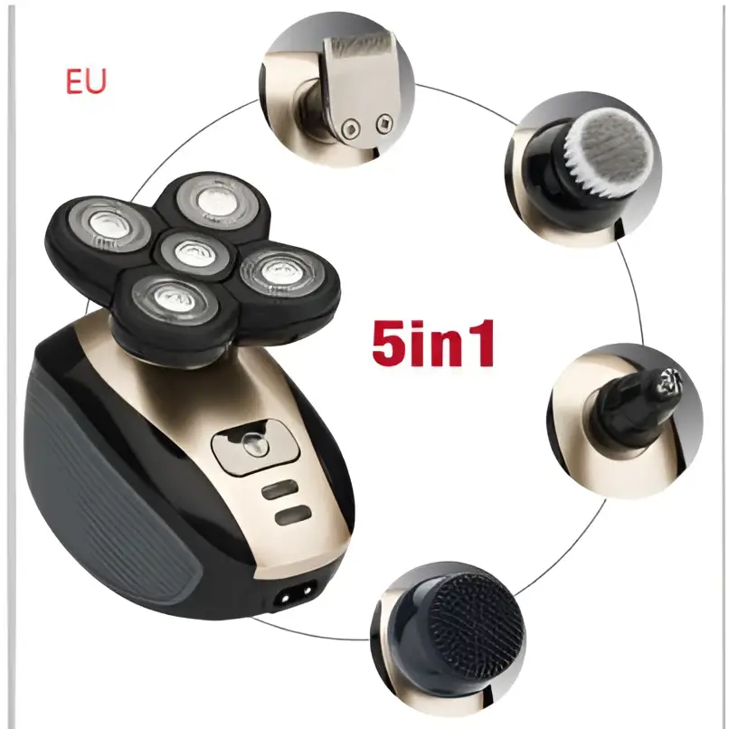 Black and gold multifunctional electric shaver with rotary precision heads and multiple interchangeable grooming attachments