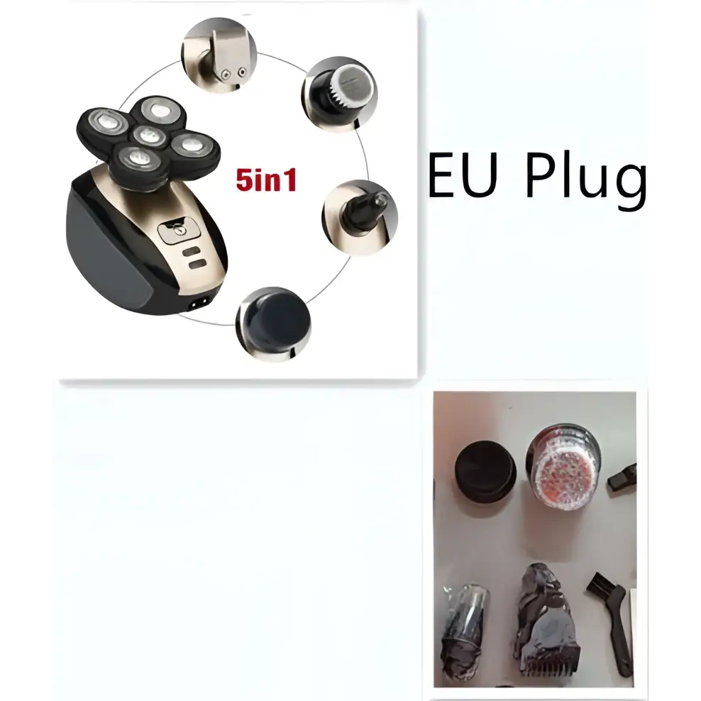 Black and silver multifunctional electric shaver with rotary precision heads and 5-in-1 versatile grooming attachments