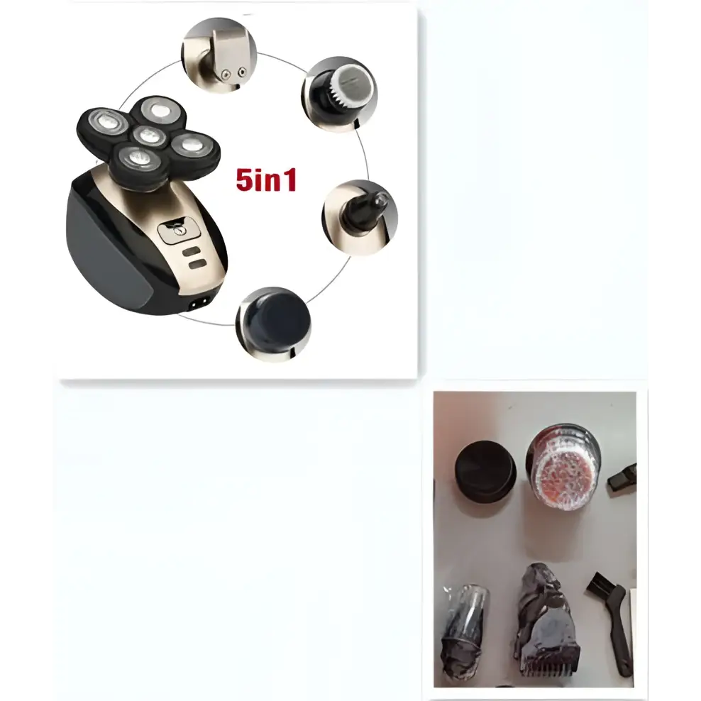 Black and silver multifunctional electric shaver with rotary precision heads and multiple interchangeable grooming attachments