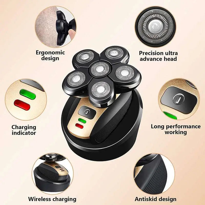 Multifunctional electric shaver in black and gold with five rotary precision heads for versatile grooming and precise results