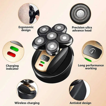 Multifunctional electric shaver in black and gold with five rotary precision heads for versatile grooming and precise results