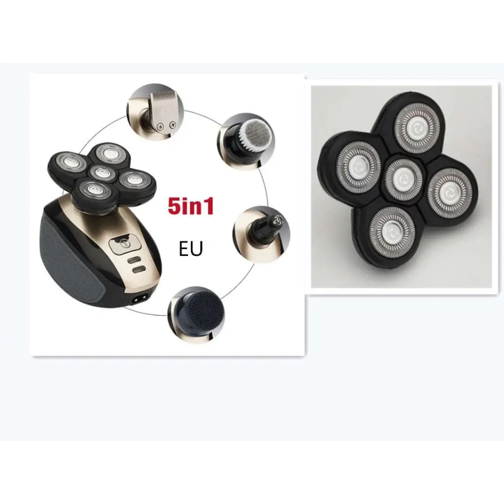 Black and silver multifunctional electric shaver head with five rotary precision heads for versatile grooming tasks