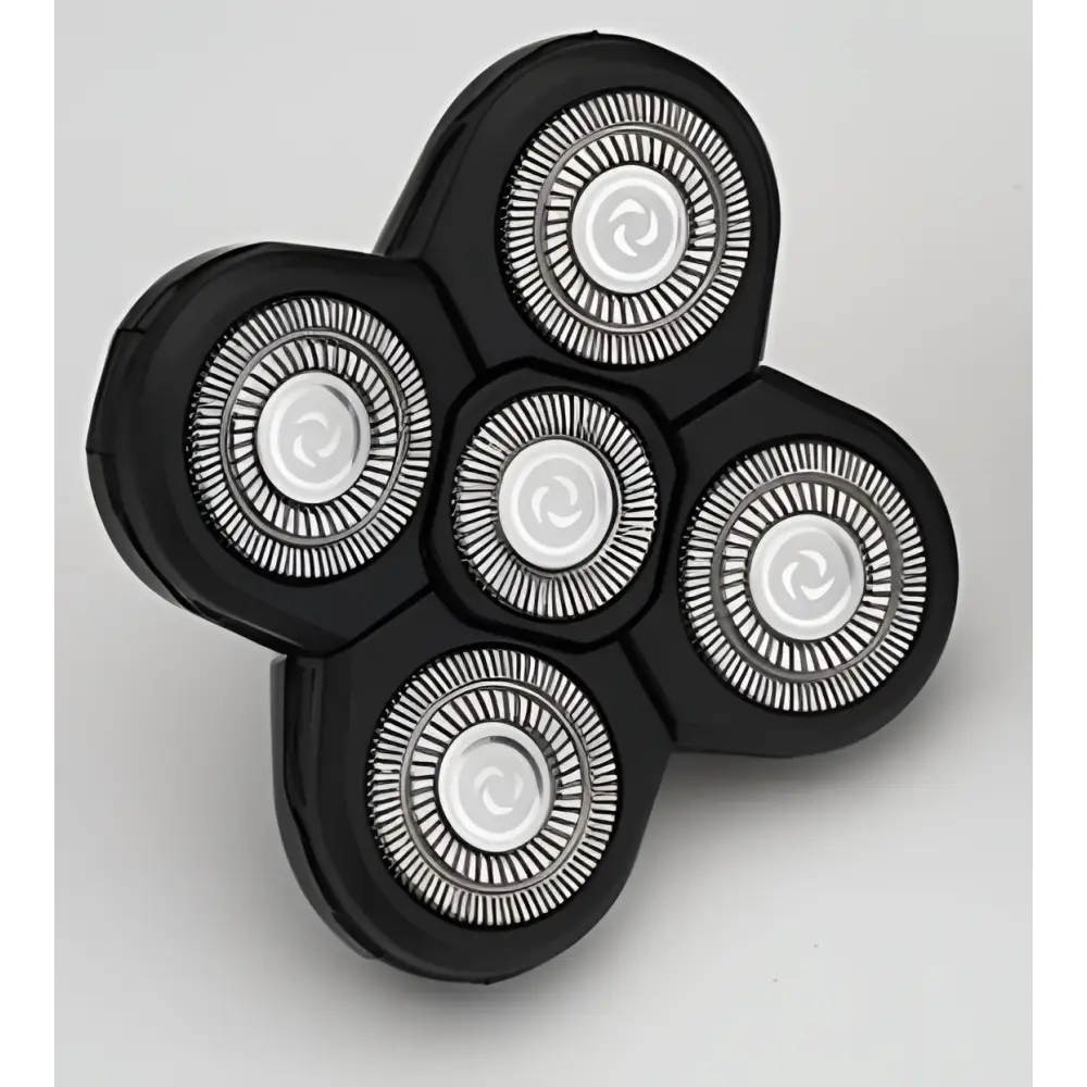 Multifunctional electric shaver with black five-blade rotary precision heads featuring metallic silver cutting surfaces for versatile grooming