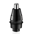 Black plastic nose hair trimmer head with metallic tip for versatile grooming in multifunctional electric shaver with rotary precision heads