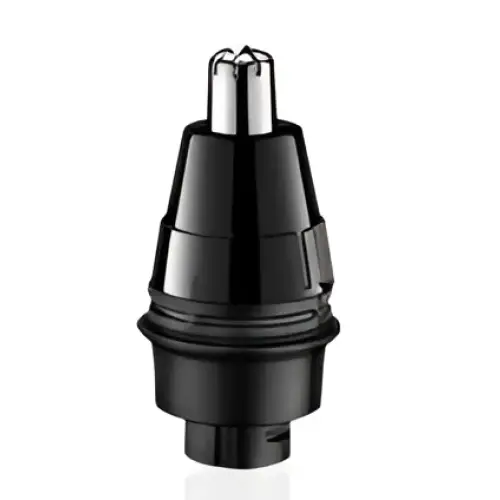 Black plastic nose hair trimmer head with metallic tip for versatile grooming in multifunctional electric shaver with rotary precision heads