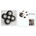 Black multifunctional electric shaver head with five silver metallic rotary precision blades for versatile grooming