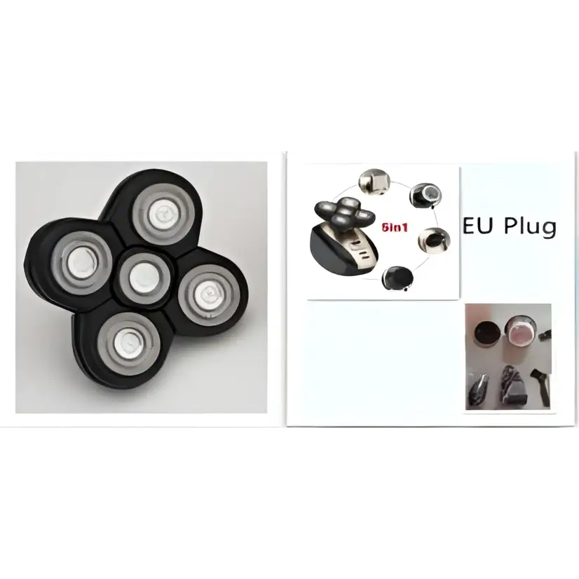 Black multifunctional electric shaver head with five silver metallic rotary precision blades for versatile grooming