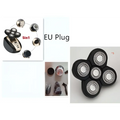 Black five-blade multifunctional electric shaver head with silver rotary precision heads for versatile grooming