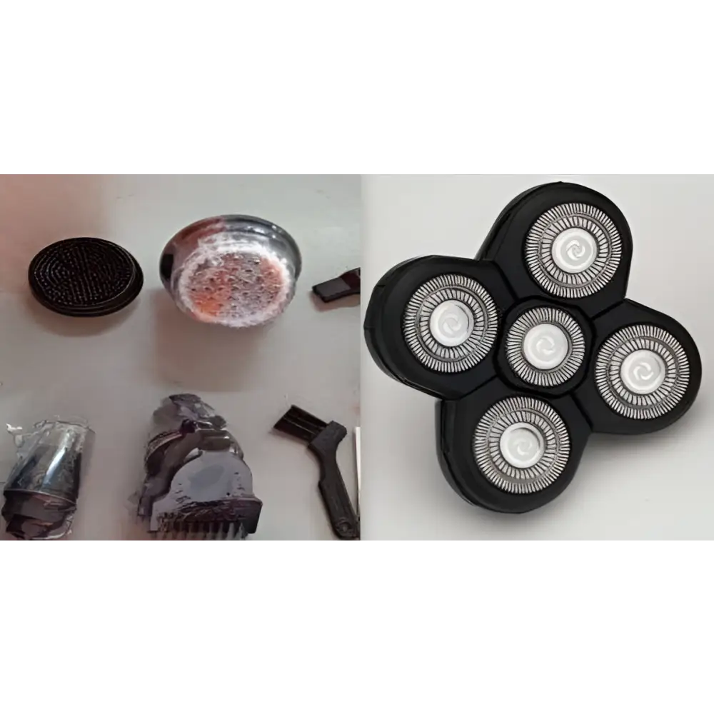 Black five-blade rotary precision heads with silver metallic cutting surfaces for versatile grooming in multifunctional electric shaver