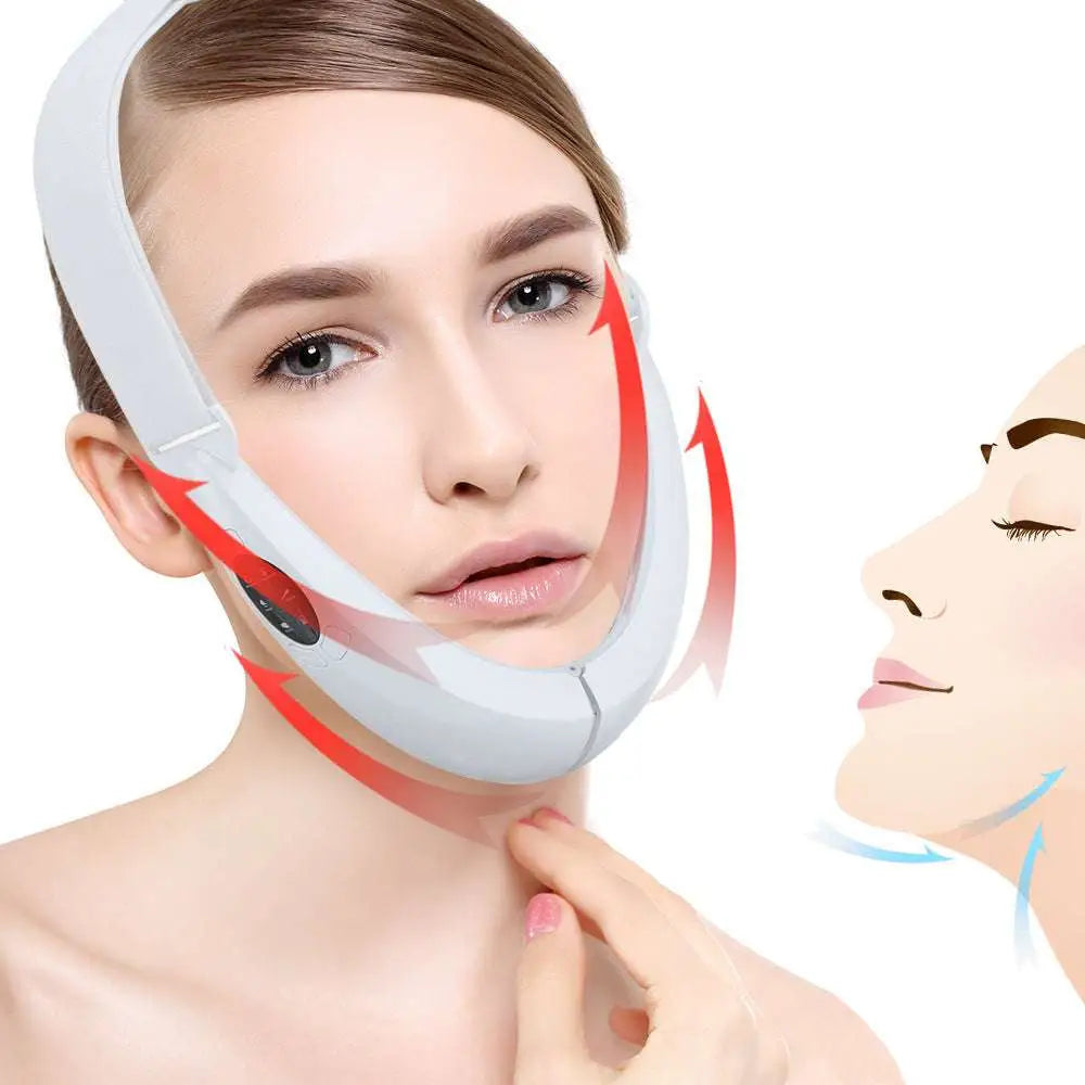 White multifunctional facial lifting face beauty instrument with red directional arrows and black control panel for thinning face beauty