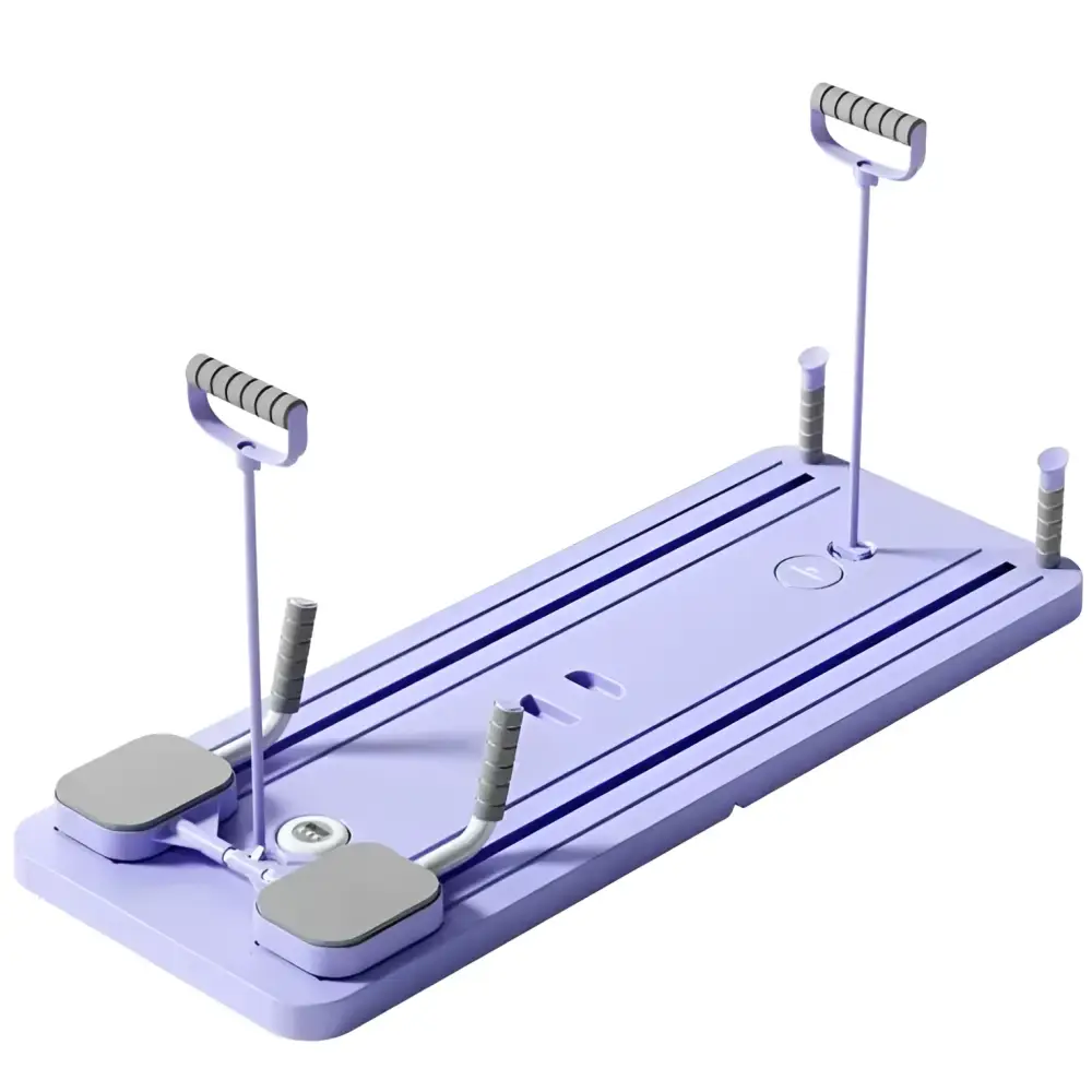 Purple plastic multifunctional household abdominal wheel fitness board with gray padded footrests and handlebars