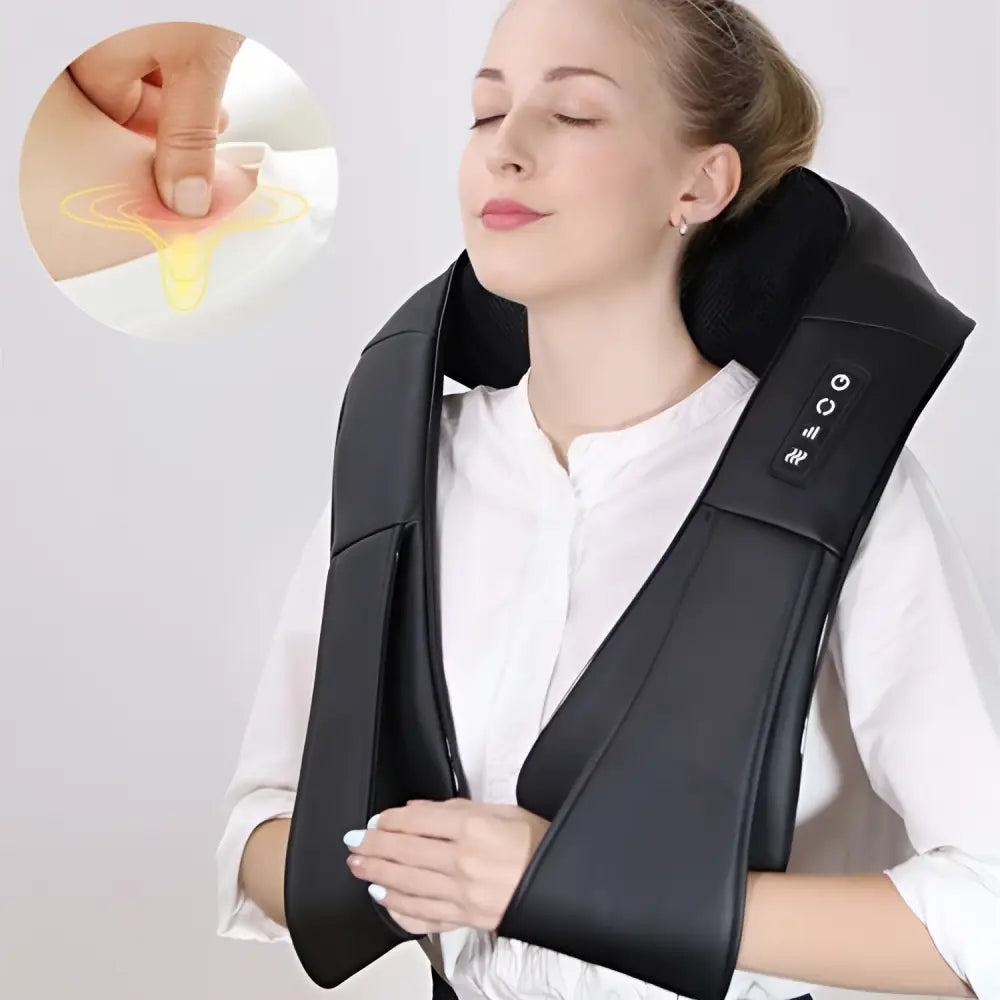 Black multifunctional household shoulder shawl massager with adjustable control panel and soft padded design