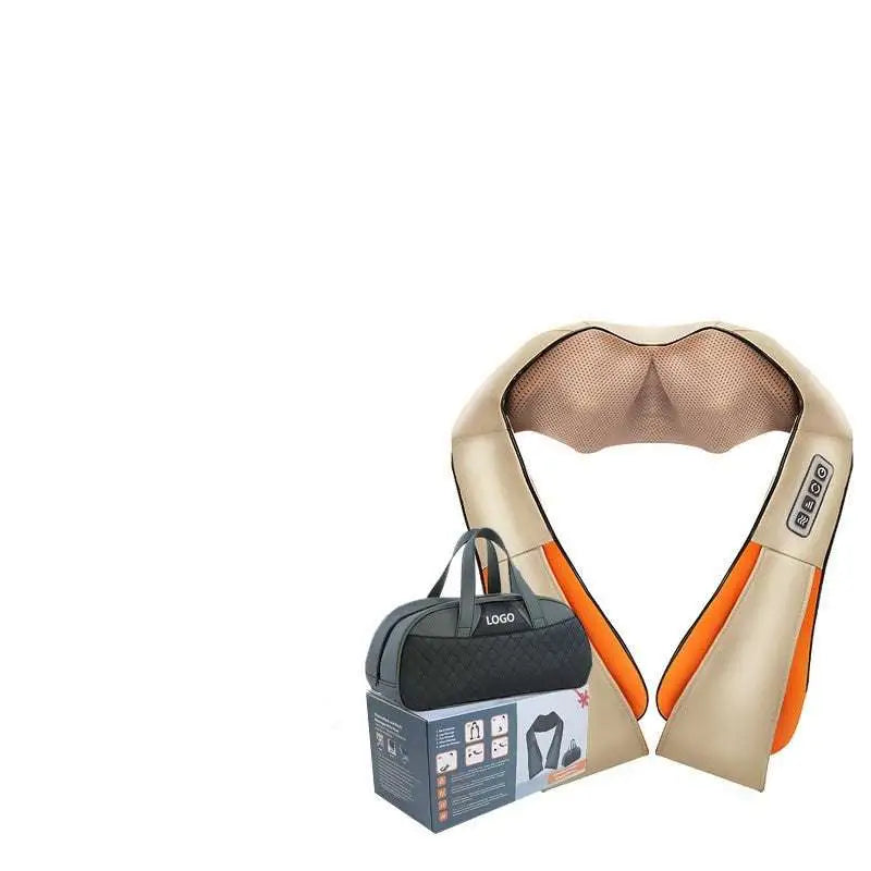 Beige and orange shoulder shawl massager with mesh fabric padding and red illuminated electric features for household use