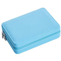 Light blue leather multifunctional jewelry storage box with stitched edges, silver zipper pulls, and built-in mirror