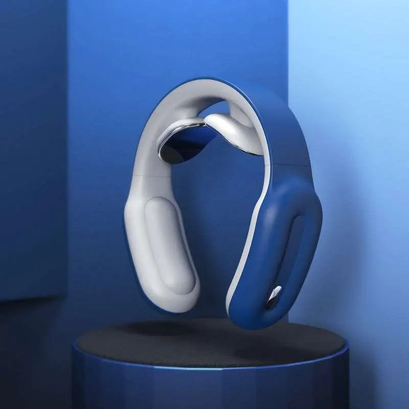Blue and white ergonomic neck massager with multifunctional massage remote and sleek modern design for comfortable pain relief