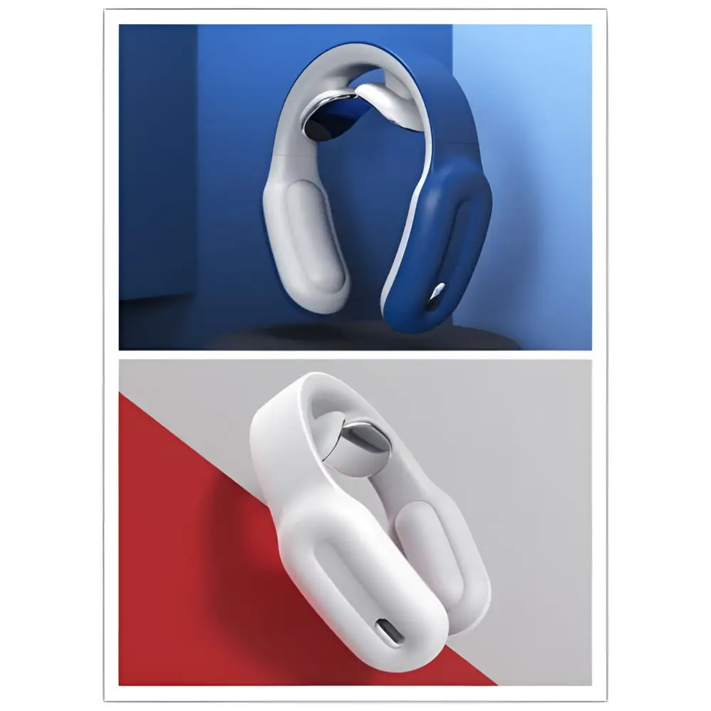 Blue and white ergonomic neck massager with multifunctional massage remote control and sleek ergonomic design