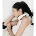 White ergonomic multifunctional massage remote neck massager worn around the user’s neck for pain relief and relaxation