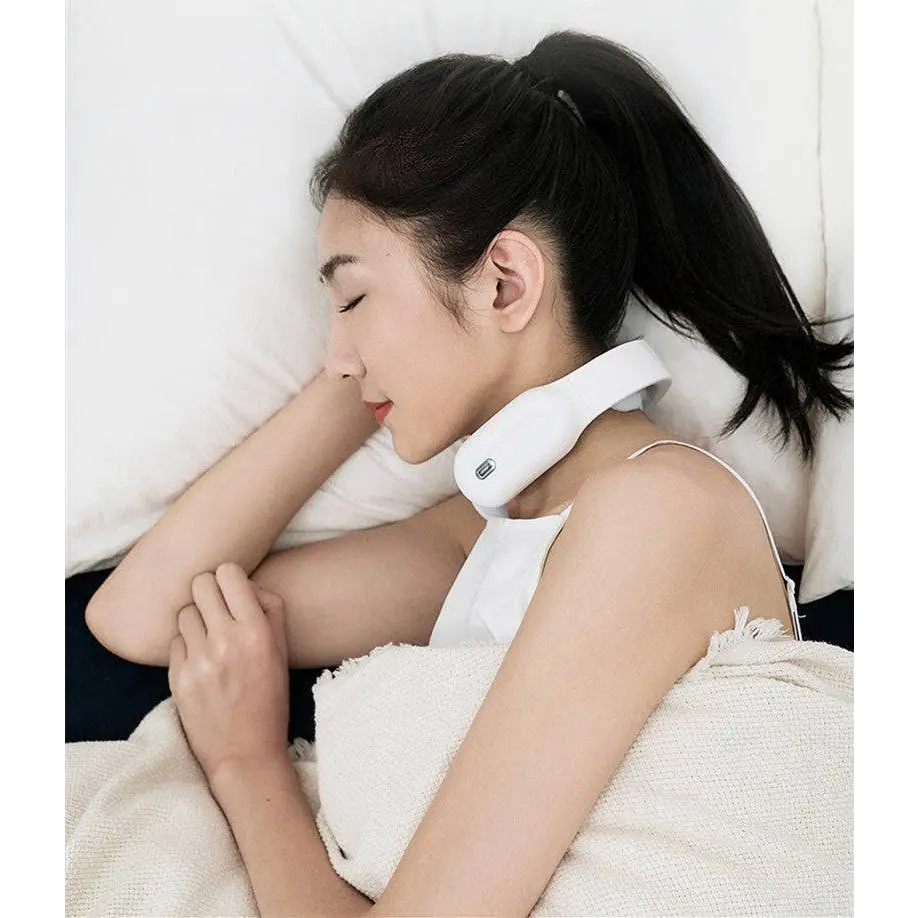 White ergonomic multifunctional massage remote neck massager worn around the user’s neck for pain relief and relaxation