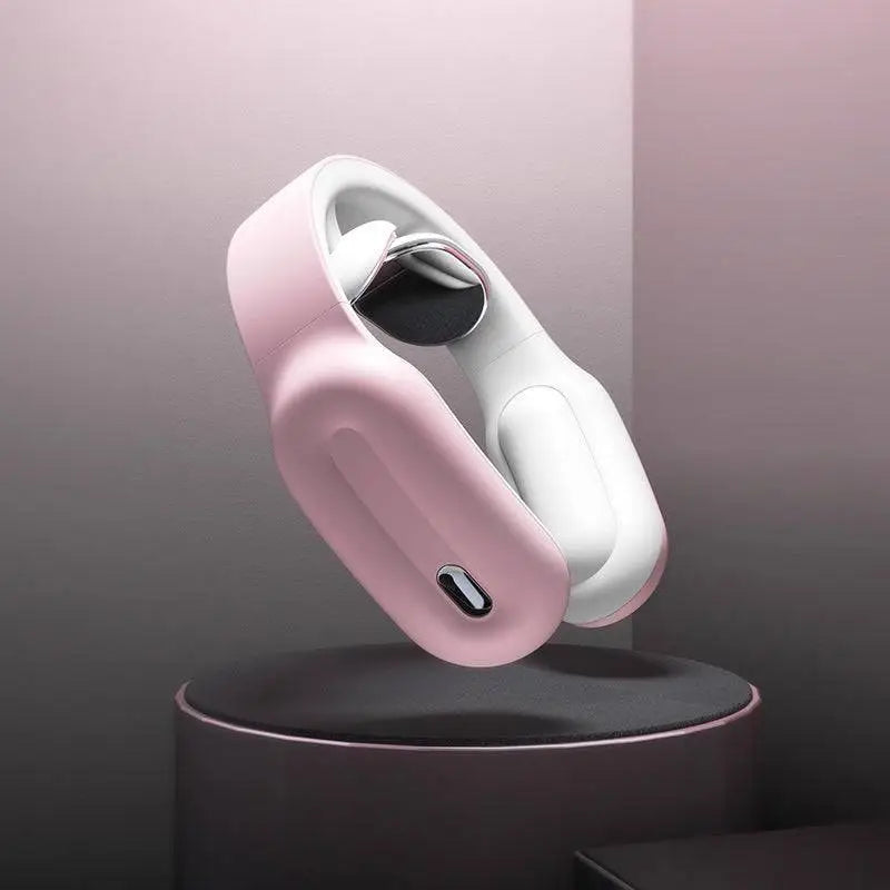 Pink and white ergonomic neck massager with multifunctional massage remote and soft silicone padding for comfortable use