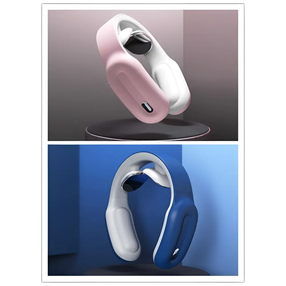 Pink and white neck massager with a sleek ergonomic design and multifunctional massage remote control features