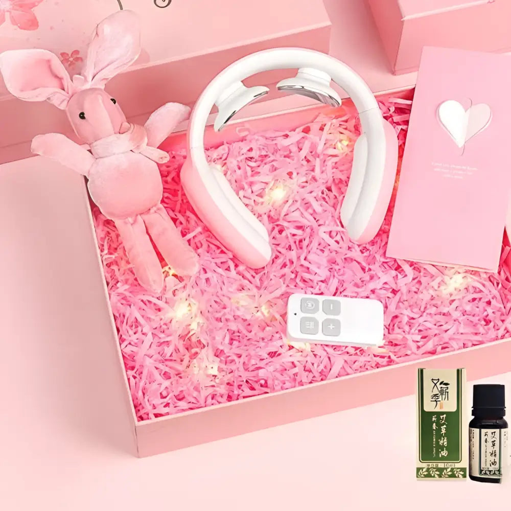 Pink and white ergonomic neck massager with a sleek curved design multifunctional massage remote control device