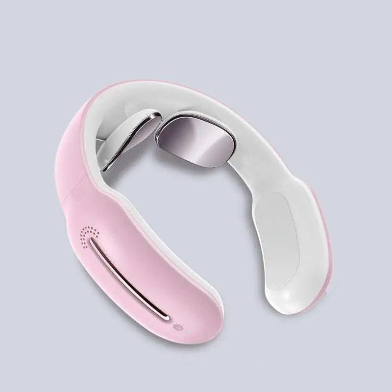 Pink and white multifunctional massage remote control neck massager with sleek curved design and metallic massage heads