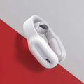 White ergonomic neck massager with sleek curved design and metallic silver accents featuring multifunctional massage remote