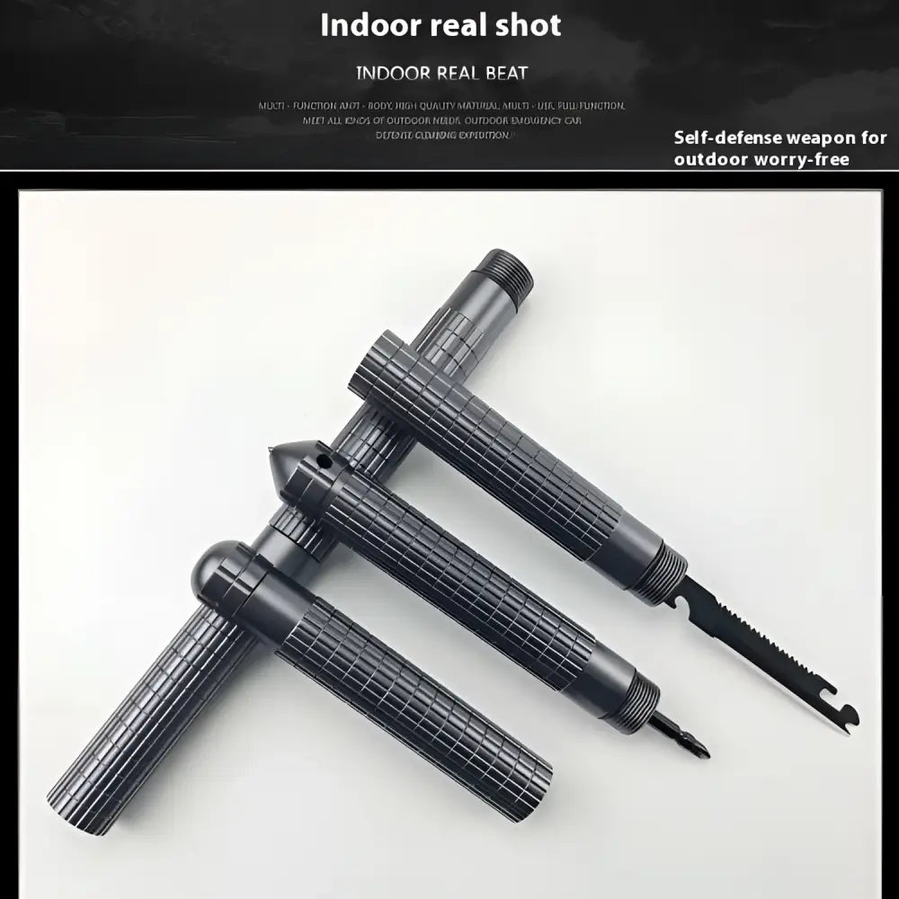 Black multifunctional self-defense stick made of tungsten steel with textured grip and integrated knife blade