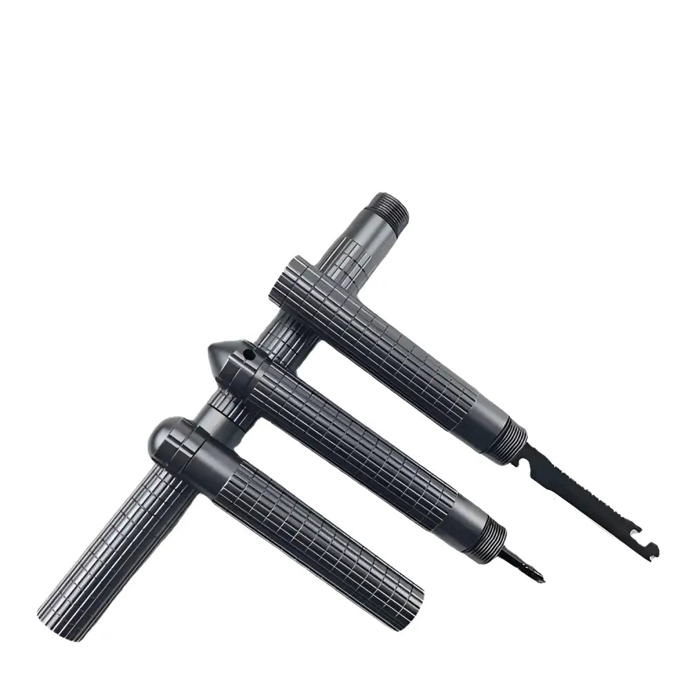 Black multifunctional self-defense stick made of tungsten steel with textured grip and integrated screwdriver and pry tool