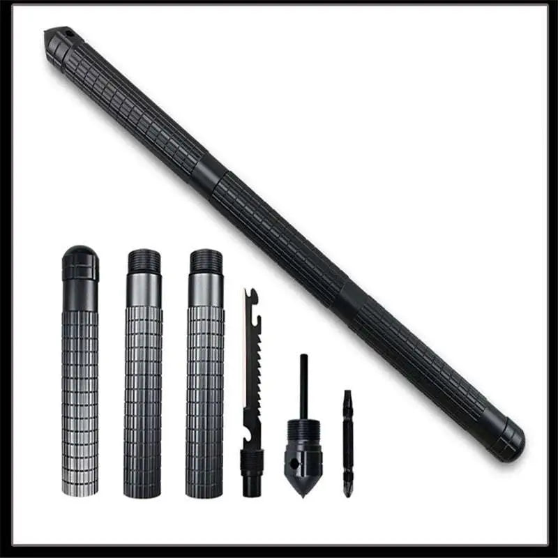Black textured tungsten steel multifunctional self-defense stick with extendable handle and built-in knife