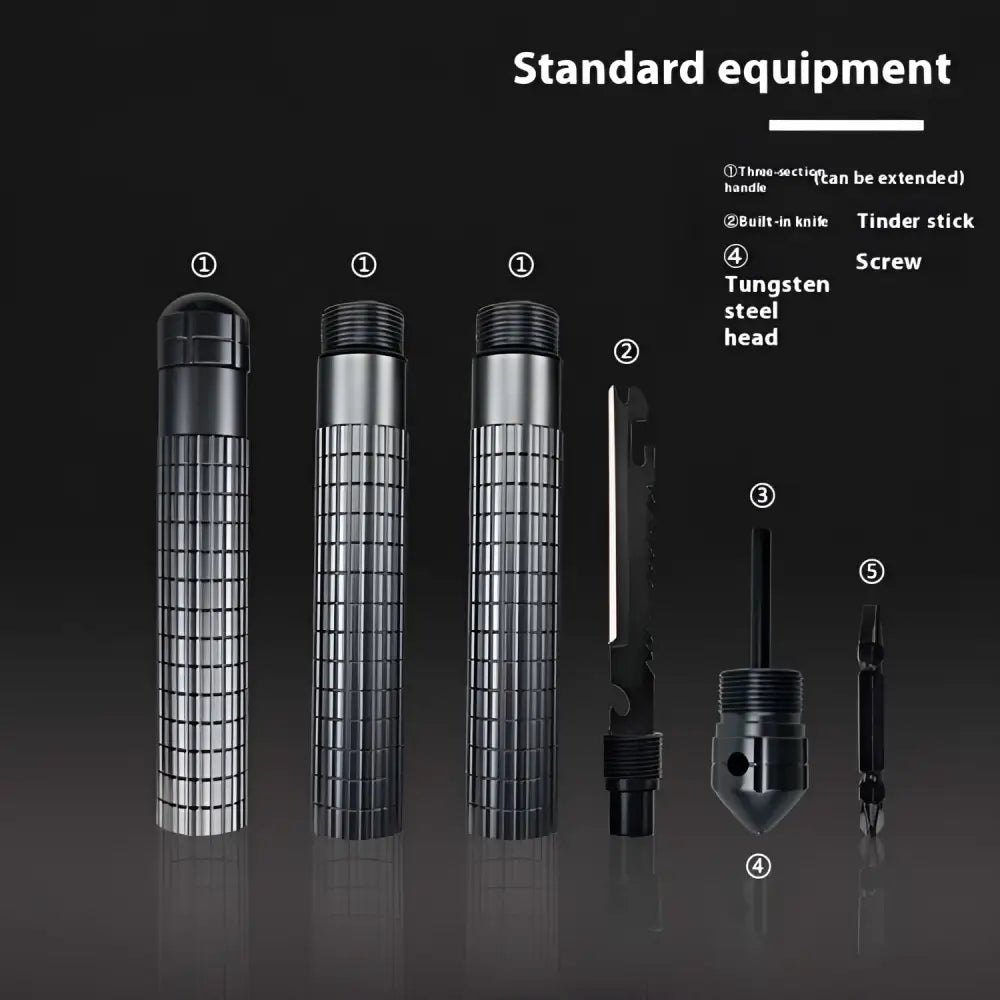 Black textured tungsten steel multifunctional self-defense stick with extendable handle and built-in knife