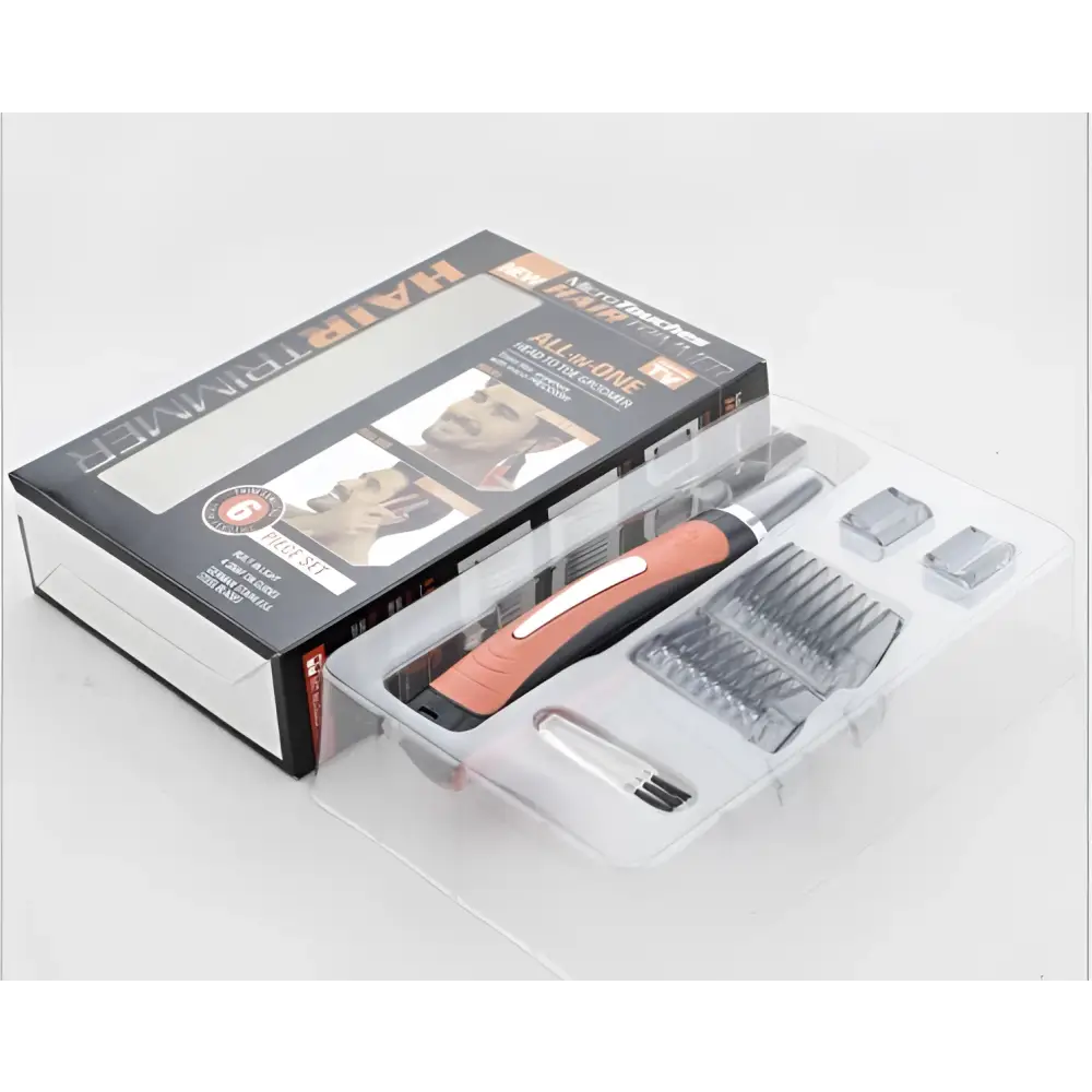 Orange and black multifunctional shaving machine with full-size trimmer head and interchangeable nose hair trimmer combs