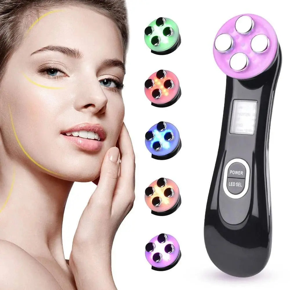 Black handheld multifunctional skin rejuvenation care instrument with purple treatment head and colorful led attachments