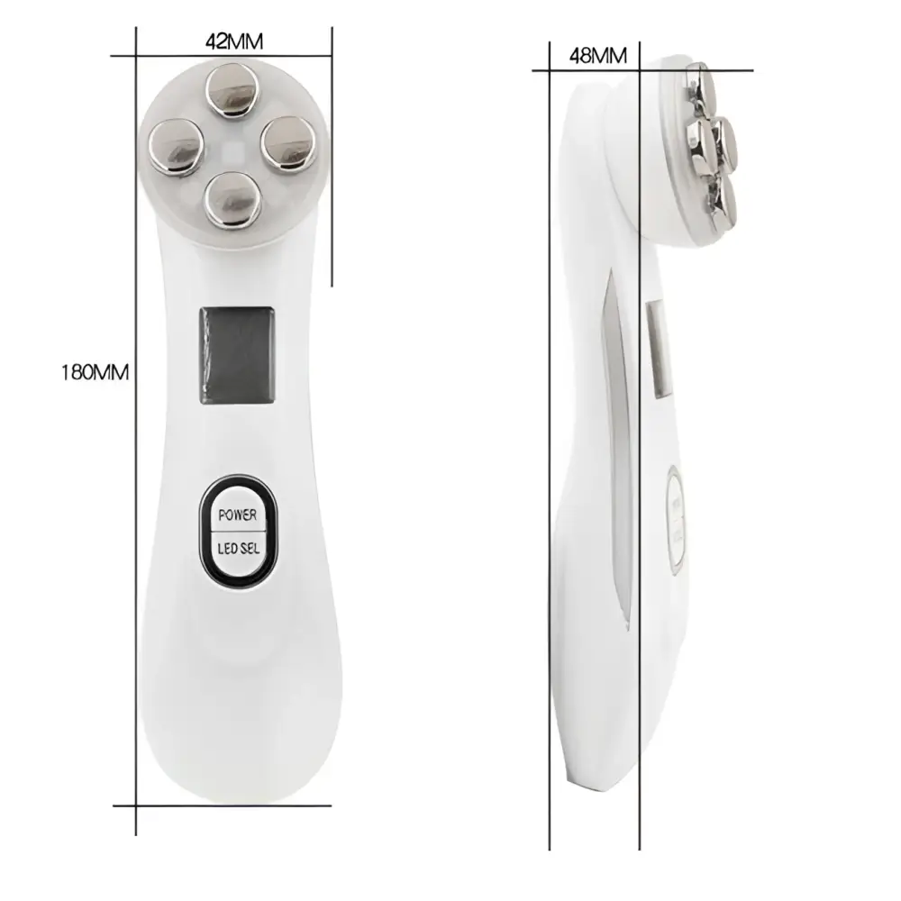 White multifunctional skin rejuvenation care instrument with four metallic treatment heads and digital display for effective skin rejuvenation