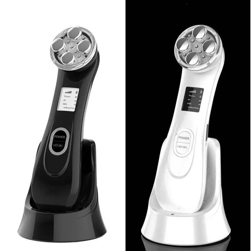 Black and white multifunctional skin rejuvenation care instrument with circular LED heads and digital display for effective skin rejuvenation