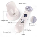 White multifunctional skin rejuvenation care instrument with four silver metallic probe heads and lcd display on handle