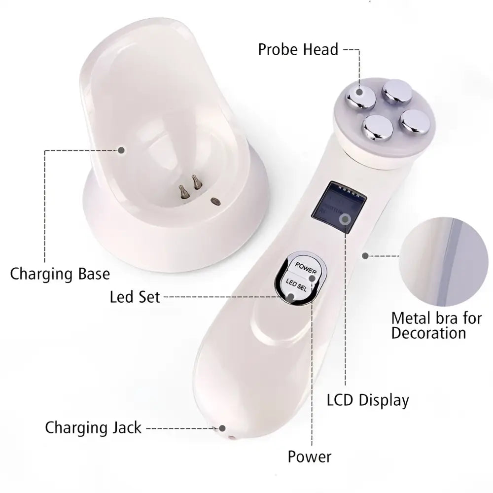 White multifunctional skin rejuvenation care instrument with four silver metallic probe heads and lcd display on handle