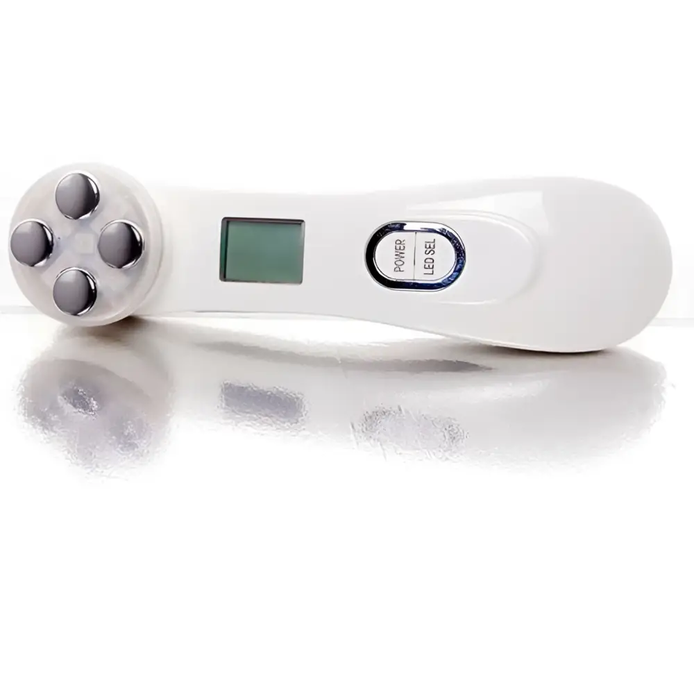 White plastic multifunctional skin rejuvenation care instrument with four metallic spheres and digital display for effective skin rejuvenation