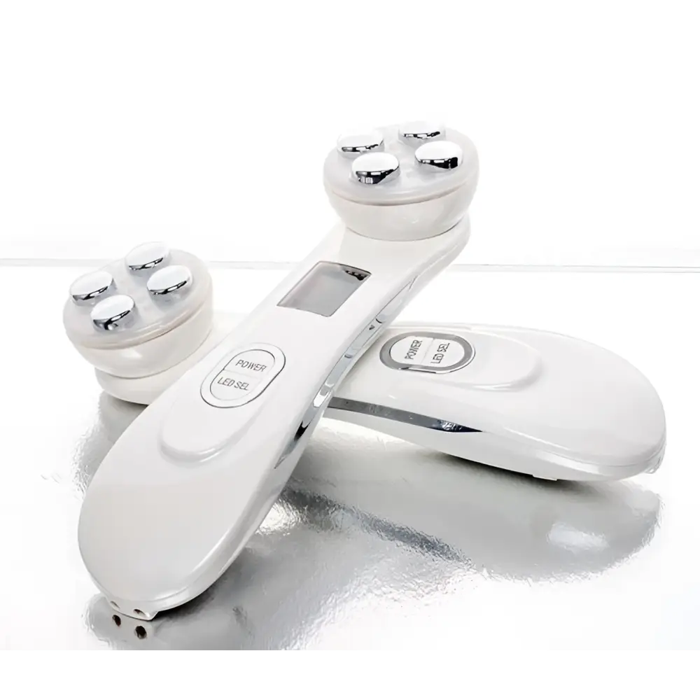 White multifunctional skin rejuvenation care instrument with four silver-tipped heads and digital display for effective skin rejuvenation
