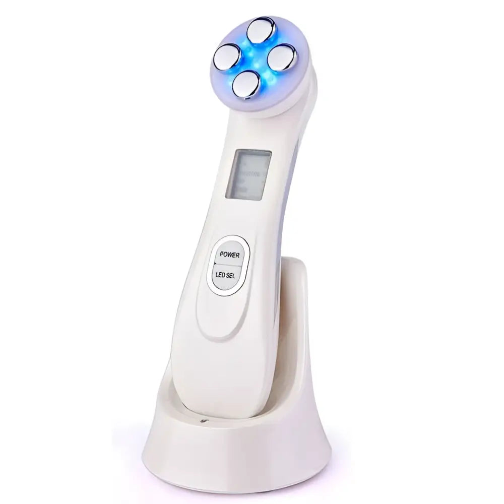 White handheld multifunctional skin rejuvenation care instrument with circular head and four glowing blue led lights