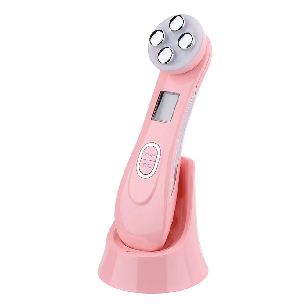 Multifunctional skin rejuvenation care instrument pink facial cleansing device with four silver treatment heads and digital display