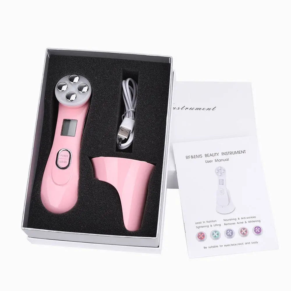 Pink multifunctional skin rejuvenation care instrument with silver treatment heads and digital display for effective skin rejuvenation