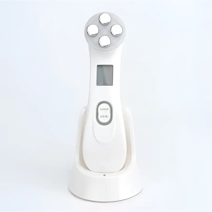 White multifunctional skin rejuvenation care instrument with five silver-tipped treatment heads and digital display