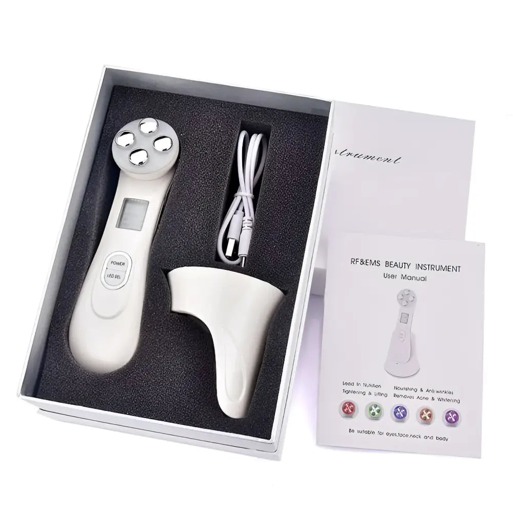 White multifunctional skin rejuvenation care instrument with four circular heads and digital display for effective skin rejuvenation
