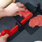 Red and black plastic multifunctional vegetable cutting meat slicer with fixed blade for even deli meat slicing