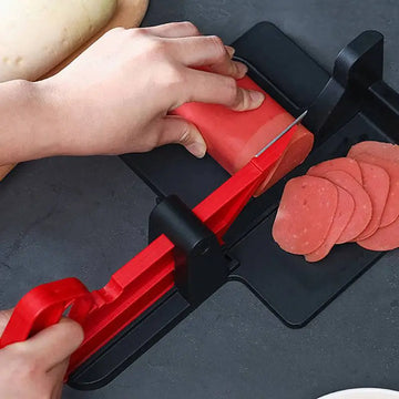 Red and black plastic multifunctional vegetable cutting meat slicer with fixed blade for even deli meat slicing
