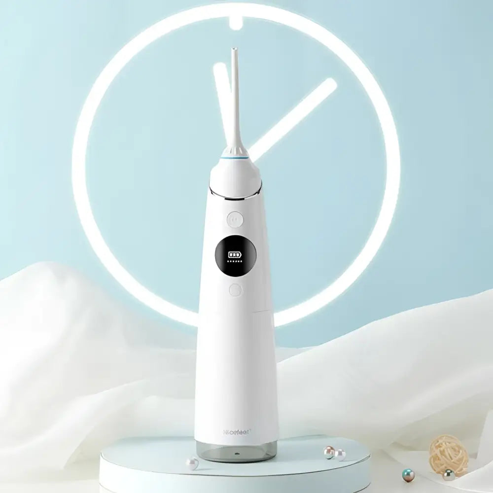 White and silver multifunctional water toothpick electric with digital display and sleek modern oral irrigator design