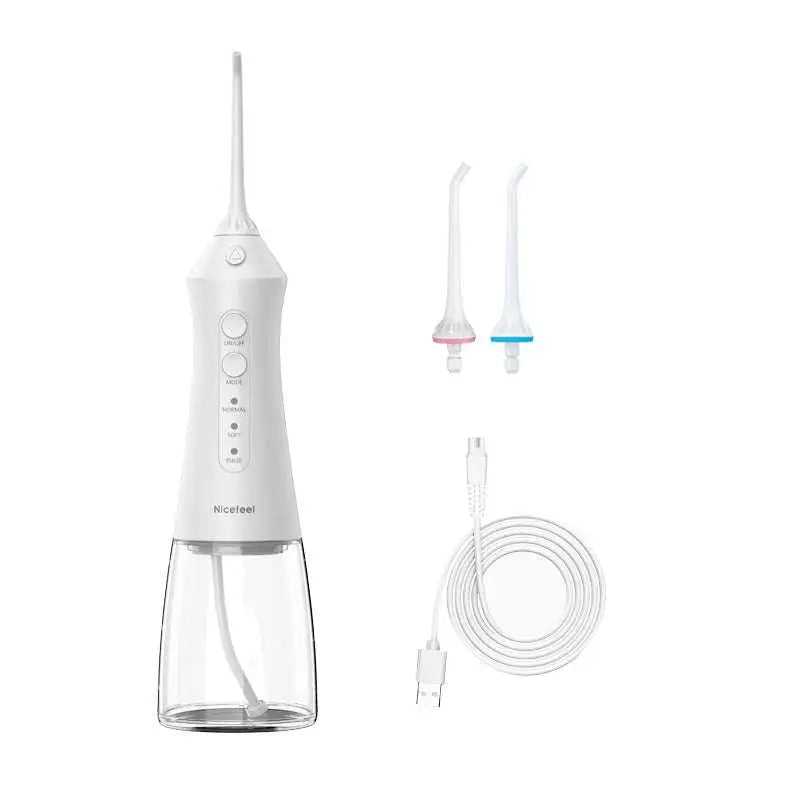 White nicetool multifunctional water toothpick electric oral irrigator with clear reservoir and interchangeable nozzles