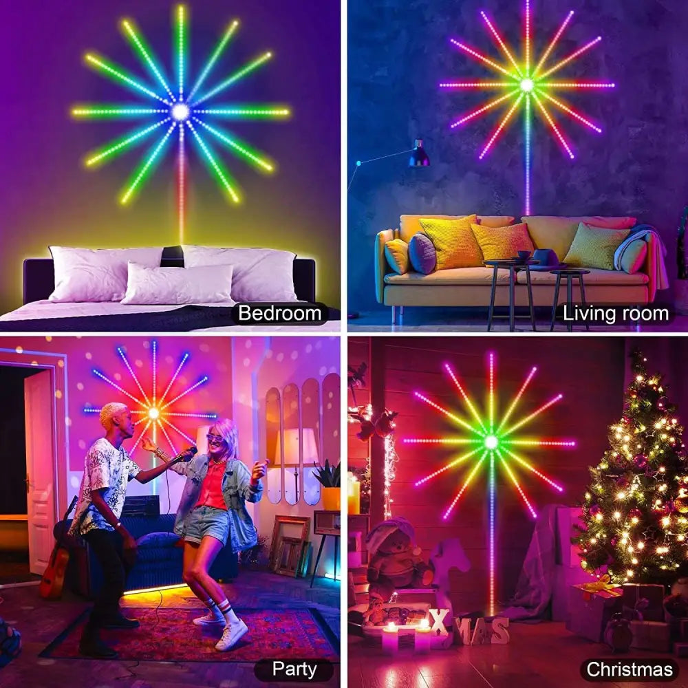 A vibrant firework led strip with 16 rgbic colors that change with music sync for dynamic color changing effects