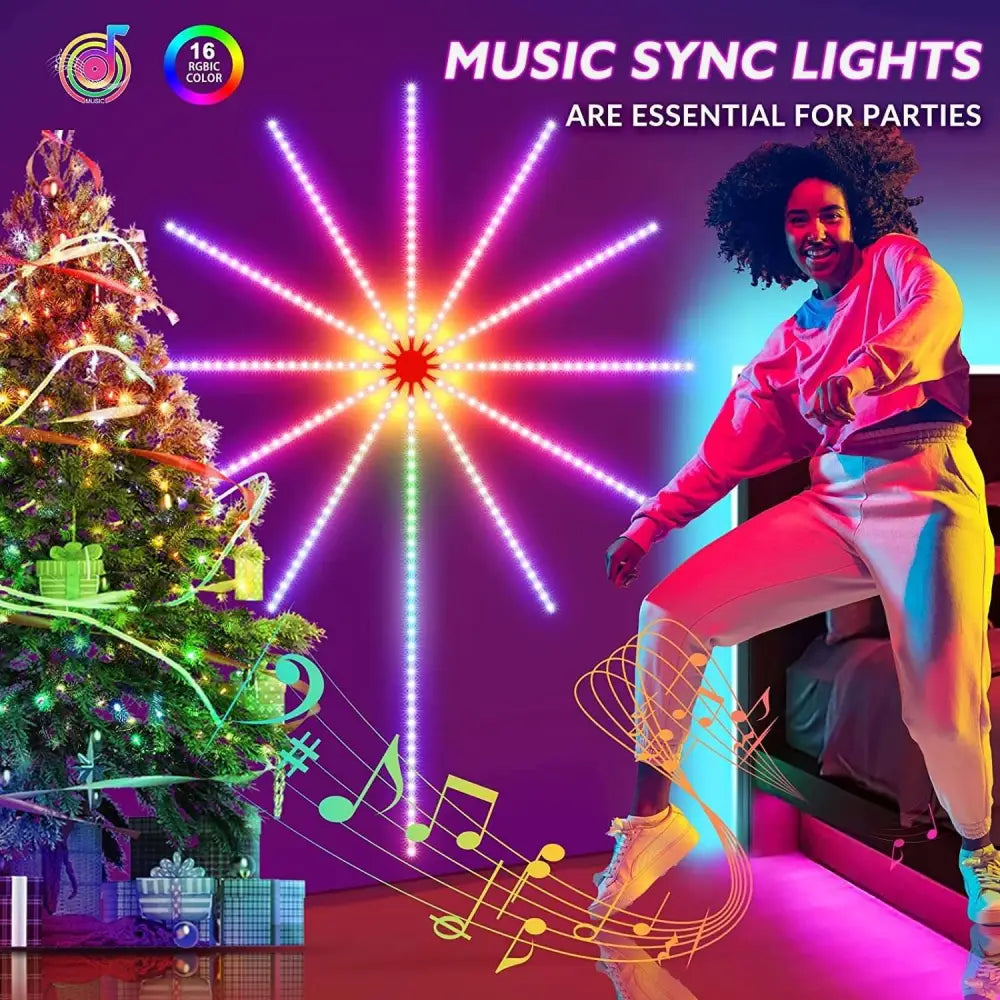 A vibrant firework led strip with 16 rgbic colors that change with music sync for dynamic color changing effects